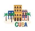 Cuba colored sign and lettering. Cuban architecture, colorful building. Havana latino traditional colonial house