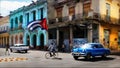 CUBA, HAVANA - JANUARY 16, 2019: Old American blue car and people in the old city of Havana