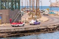 CUBA, HAVANA - MAY 5, 2017: American colorful retro cars traveling along the waterfront. Ã¯Â¿Â½opy space for text.