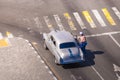 CUBA, HAVANA - MAY 5, 2017: American gray retro car on city street. Copy space for text. Top view.