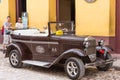 CUBA, HAVANA - MAY 5, 2017: A brown American retro car on a city street. Close-up.