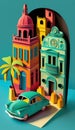 Cuba, Havana, paper art collage, vibrant layered colored paper, travel background for social media stories, AI generative