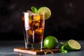 Cuba libre alcohol cocktail with golden rum, lemon juice, cola, lime and ice on black background. AI generated Royalty Free Stock Photo