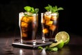 Cuba libre alcohol cocktails with golden rum, lemon juice, cola, lime and ice on black background. AI generated Royalty Free Stock Photo