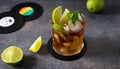 Cuba Libre with brown rum, cola, mint and lime. Cuba Libre or long island iced tea cocktail with strong drinks on dark background Royalty Free Stock Photo