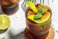 Cuba Libre Drink with fresh lime, rum, cola, mint in the glass. place for text Royalty Free Stock Photo