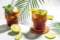 Cuba Libre with Lime and Ice mint in the glass on a light background top view. copy space Royalty Free Stock Photo