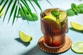 Cuba Libre with Lime and Ice mint in the glass. top view. place for text Royalty Free Stock Photo