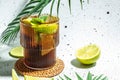 Cuba Libre, long island cocktail with rum, cola, mint and lime in the glass, recipe background. Close up Royalty Free Stock Photo