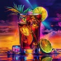 Cuba Libre or Long Island Iced Tea Cocktail on Neon Background, Beach Party Coctail, Summer Bar Drink Royalty Free Stock Photo