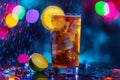 Cuba Libre or Long Island Iced Tea Cocktail on Neon Background, Beach Party Coctail, Summer Bar Drink Royalty Free Stock Photo