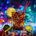 Cuba Libre or Long Island Iced Tea Cocktail on Neon Background, Beach Party Coctail, Summer Bar Drink Royalty Free Stock Photo