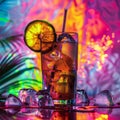 Cuba Libre or Long Island Iced Tea Cocktail on Neon Background, Beach Party Coctail, Summer Bar Drink Royalty Free Stock Photo