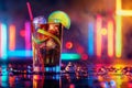 Cuba Libre or Long Island Iced Tea Cocktail on Neon Background, Beach Party Coctail, Summer Bar Drink Royalty Free Stock Photo