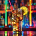 Cuba Libre or Long Island Iced Tea Cocktail on Neon Background, Beach Party Coctail, Summer Bar Drink Royalty Free Stock Photo