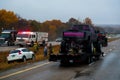 CUBA, MISSOURI - NOVEMBER 5, 2018 - Traffic accident on interstate 44 on a rainy day with police and fire department on site.