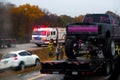 CUBA, MISSOURI - NOVEMBER 5, 2018 - Traffic accident on interstate 44 on a rainy day with police and fire department on site.