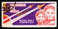 Cuba postage stamp shows portraits of Nikolayev and Popovich, Soviet cosmonauts, with rocket Vostok 3 and 4, circa 1963
