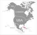 Cuba red highlighted in map of North America