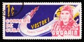 Cuba shows portraits of Gagarin, Soviet cosmonaut, with rocket Vostok 1, circa 1963