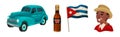 Cuba Symbols with Car, Alcohol Bottle, Flag and Smiling Man Vector Set Royalty Free Stock Photo