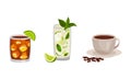 Cuba Symbols with Refreshing Mojito Cocktail in Glass and Hot Coffee in Cup Vector Set