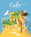 Cuba travel colorful card concept. Cuban beach resort. Welcome to Cuba. Circle shape. Vector illustration with Cuban culture Royalty Free Stock Photo