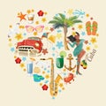 Cuba travel colorful card concept. Heart shape. Vintage style. Vector illustration with Cuban culture Royalty Free Stock Photo