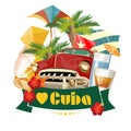 Cuba travel colorful card concept. I love Cuba. Vintage style. Vector illustration with Cuban culture