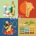 Cuba travel colorful card concept. Travel poster with rom, Havana and Salsa dancer. Vector illustration with Cuban culture Royalty Free Stock Photo