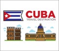 Cuba travel famous landmarks and sightseeing vector Havana icons