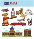 Cuba travel landmarks symbols and tourist sightseeing vector icons