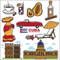 Cuba travel sightseeing icons and vector Havana landmarks Royalty Free Stock Photo