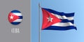 Cuba waving flag on flagpole and round icon vector illustration. Royalty Free Stock Photo