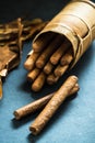 Cuban cigars in traditional palm leafs box Royalty Free Stock Photo