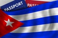 Cuban flag background and passport of Cuba. Citizenship, official legal immigration, visa, business and travel concept Royalty Free Stock Photo
