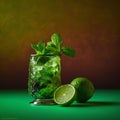 The cuban mojito liquor with lime and mint leaves