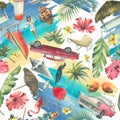 Cuban print, retro cars, palm trees, pink flamingos, sea, sand, shells, flowers. Watercolor illustration. Bright, beachy