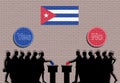 Cuban voters crowd silhouette in Cuba election with yes and no signs graffiti