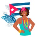 Cuban woman at backdrop of Cuba national flag. Native or inhabitant of Cuba Royalty Free Stock Photo