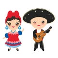 Cubans boy and girl in national costume and hat. Cartoon children in traditional Cuba dress, guitar. Isolated on white background.