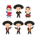Cubans boy and girl in national costume and hat. Cartoon children in traditional Cuba dress, Mariachi group Musical instruments Royalty Free Stock Photo