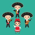 Cubans boy and girl in national costume and hat. Cartoon children in traditional Cuba dress, Mariachi group Musical instruments gu Royalty Free Stock Photo