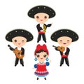 Cubans boy and girl in national costume and hat. Cartoon children in traditional Cuba dress, Mariachi group Musical instruments gu Royalty Free Stock Photo