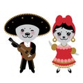 Cubans funny Kawaii gray cat boy and girl in national costume and hat. Cartoon children animals in traditional Cuba dress, guitar