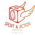 Cube action camera with wings. Colour emblem for logo of video blog or sport action. Vector