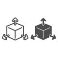 Cube with arrows line and solid icon, choice of directions or mathematical concept, three faces of cube sign on white