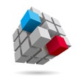 Cube assembled of blocks,puzzle blocks, two of which is blue and red