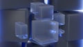 3D rendering. blue translucent cube boxes with blue translucent blank wall background