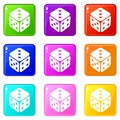 Cube casino icons set 9 color collection